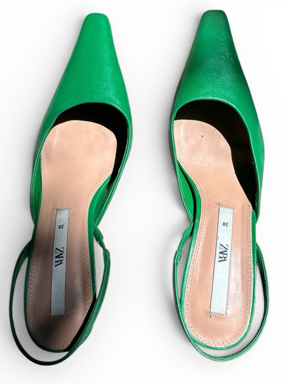 Zara Green Genuine Leather Pointed Toe Slingback Pumps 7.5
